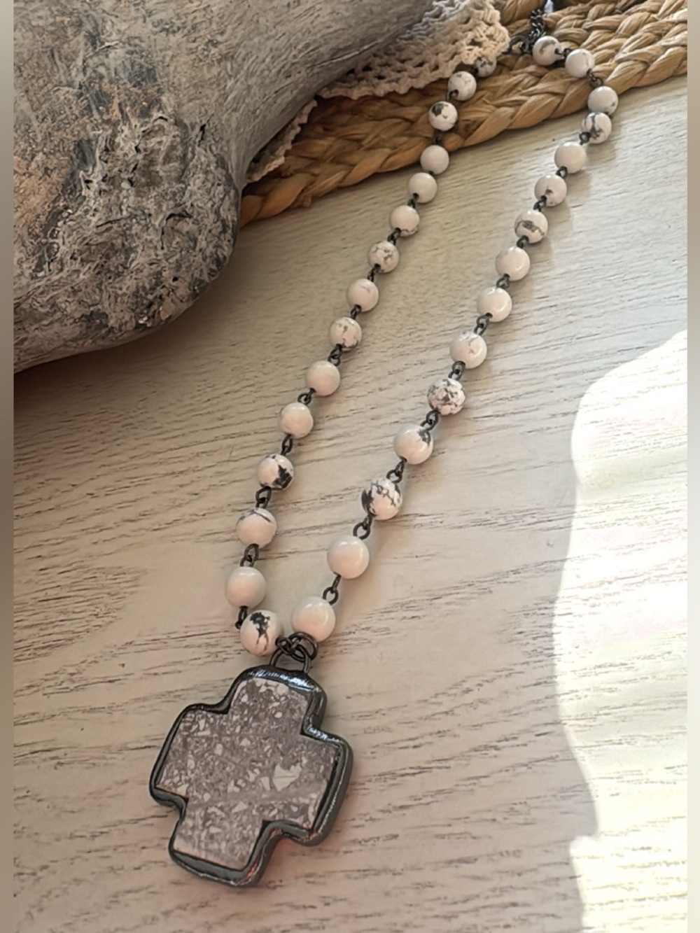 BEADED NECKLACE WITH LARGE CROSS PENDANT
